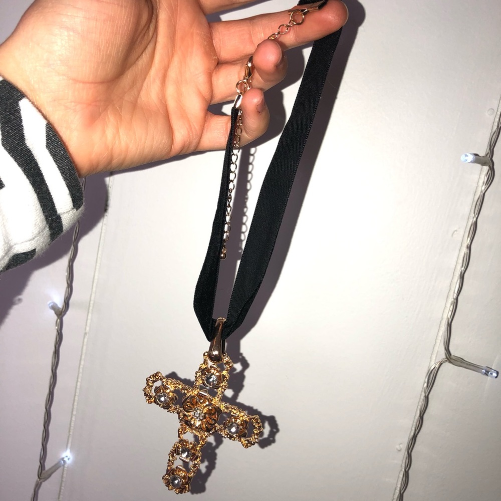 Gold cross/Black velvet Choker necklace